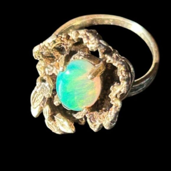 14K Genuine Opal Diamond Cocktail Ring Antiqued Cage Floral Motif Vintage Size 7 - Picture 1 of 17
